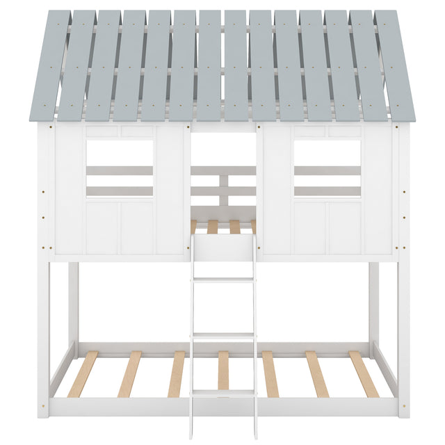 Twin over Twin Size Low Bunk Beds with Roof and Fence-shaped Guardrail, White