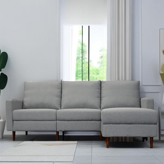 Redde Boo modern light gray fabric L shaped sofa, full K/D 3 seater sofa and stool with storage for living room sofa set