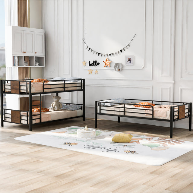 Twin Size Triple Metal Bunk Bed, with Wood Decoration Headboard and Footboard, Brown