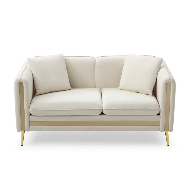 59” Modern Upholstered Velvet Loveseat Sofa 2 Seater Couch with Removable Cushions Side Pocket Mid-Century Tufted Living Room Set Gold Metal Legs,2 Pillows Included,Beige