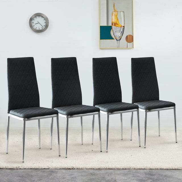 Grid Shaped Armless High Back Dining Chair,4-Piece Set, Office Chair. Applicable to Dining Room, Living Room, Kitchen and Office.Black Chair and Electroplated Metal Leg