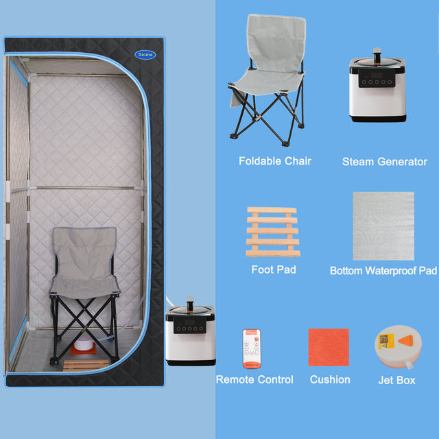 Portable Plus Type Full Size Steam Sauna tent. Spa, Detox ,Therapy and Relaxation at home.Larger Space,Stainless Steel Pipes Connector Easy to Install, with FCC Certification--Black(Blue binding)
