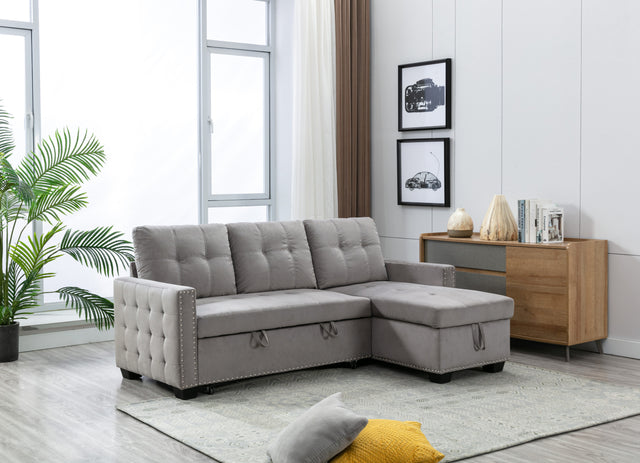 77 Inch Reversible Sectional Storage Sleeper Sofa Bed , L-Shape 2 Seat Sectional Chaise With Storage , Skin-Feeling Velvet Fabric ,Light Grey Color For Living Room Furniture