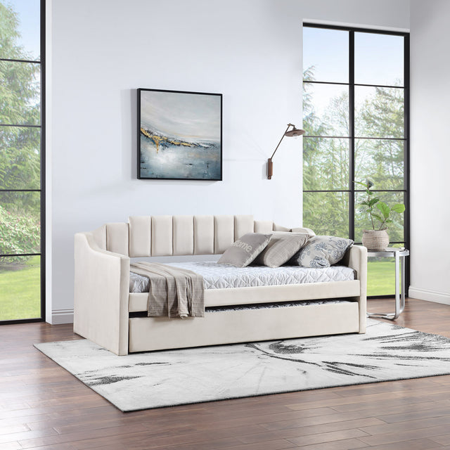 Velvet Daybed with Trundle Upholstered Tufted Sofa Bed, both Twin Size, Beige