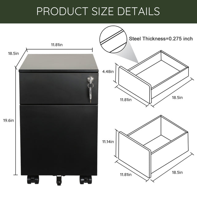 2 Drawer Mobile File Cabinet with Lock Metal Filing Cabinet for Legal/Letter/A4/F4 Size, Fully Assembled Include Wheels, Home/Office Design,Black
