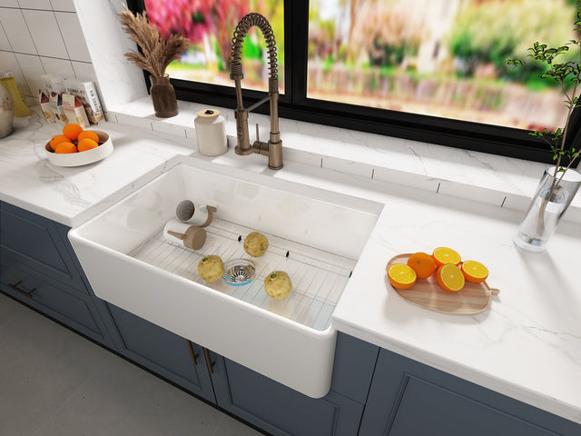 Fireclay Farmhouse Kitchen Sink 36 inch Single Bowl Apron Sink with Bottom Grid in & Drain , White Color