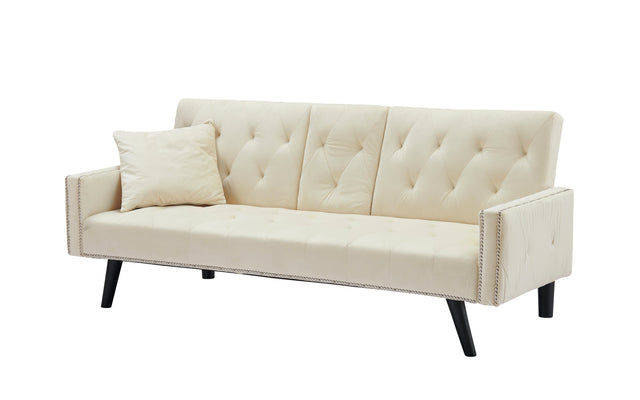 1730 Sofa Bed Armrest with Nail Head Trim with Two Cup Holders 72" Beige Velvet Sofa for Small Spaces