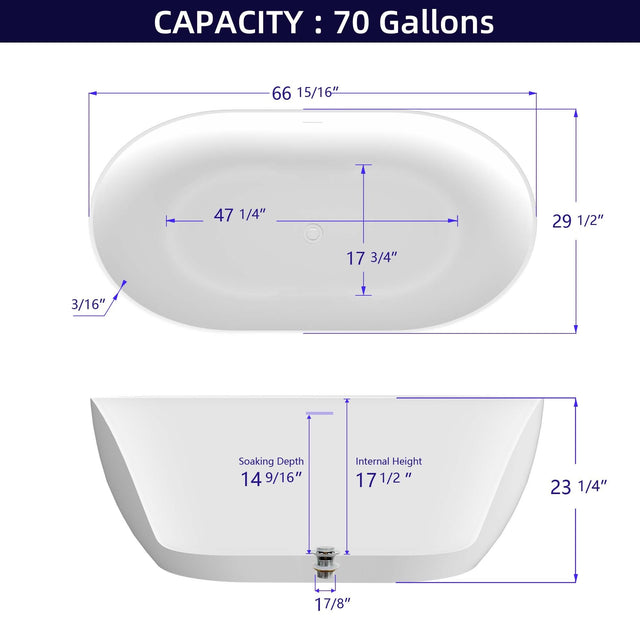 67" Acrylic Free Standing Tub - Classic Oval Shape Soaking Tub, Adjustable Freestanding Bathtub with Integrated Slotted Overflow and Chrome Pop-up Drain Anti-clogging Gloss White