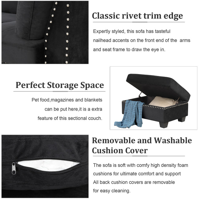 104.5" Reversible Sectional Sofa Space Saving with Storage Ottoman Rivet Ornament L-shape Couch for Small or Large Space Dorm Apartment,Black(旧SG000406AAA)