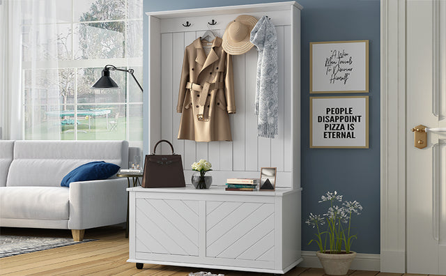 U-Can Hall Tree with 4 Hooks , Coat Hanger, Entryway Bench, Storage Bench, 3-in-1 Design, 40INCH, for Entrance, Hallway (White)