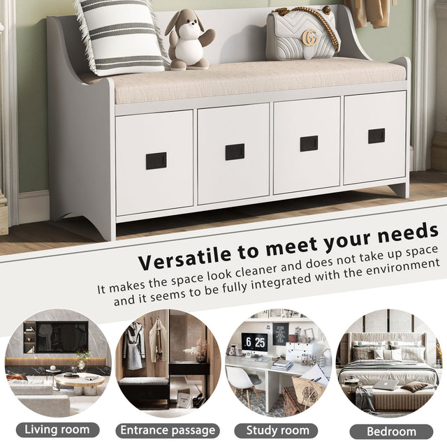 TREXM Movable Cushion Storage Bench with Drawers and Backrest for Entryway and Living Room(White)