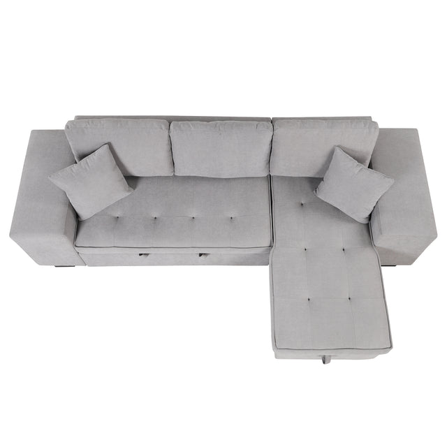 104" Pull Out Sleeper Sofa Reversible L-Shape 3 Seat Sectional Couch with Storage Chaise and 2 Stools for Living Room Furniture Set,Gray