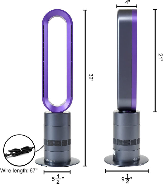 HealSmart 32-inch Space Heater Bladeless Tower Fan, Heater & Fan Combo, 9H Timer 10 Speeds with Remote Control, Air Circulator Fan for Home Air Conditioner, Purple