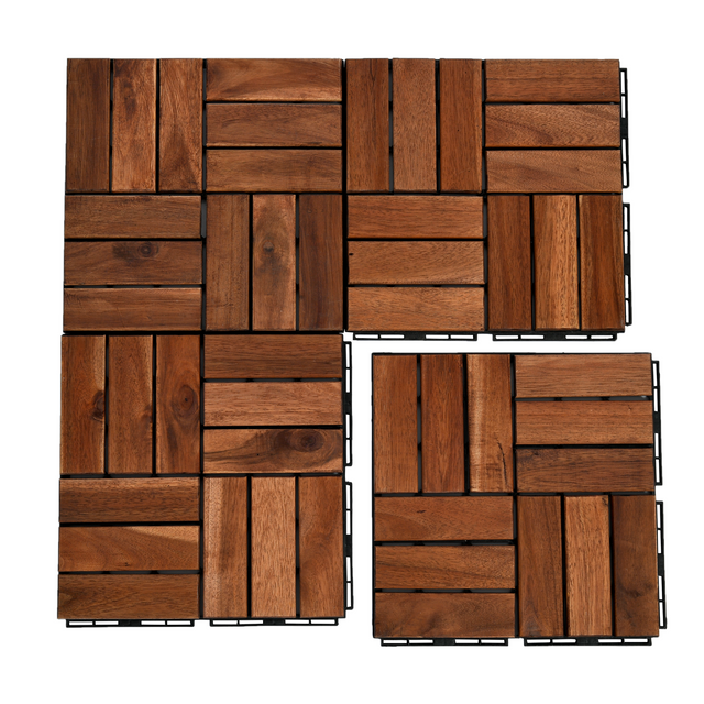 10 PCS Interlocking Deck Tiles Checker Pattern, 12" x 12" Square Acacia Hardwood Outdoor Flooring for Patio, Bancony, Pool Side,...