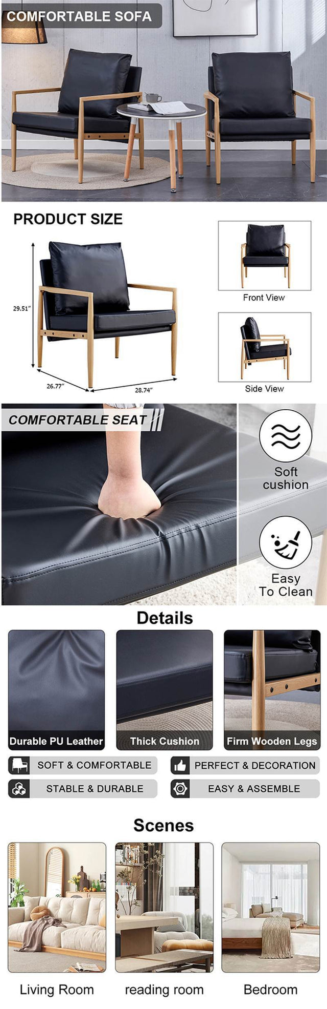 Sofa Chair Set of 2.Black PU Leather Accent Arm Chair Mid Century Modern Upholstered Armchair with Imitation solid wood color Metal Frame Padded Backrest and Sofa Chairs