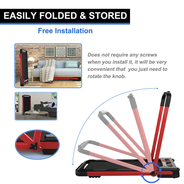 FYC 2 in 1 Under Desk Treadmill - 2.5 HP Folding Treadmill for Home, Installation-Free Foldable Treadmill Compact Electric Running Machine, Remote Control & LED Display Walking Running Jogging, Red
