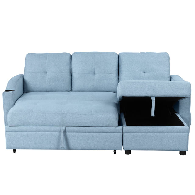 80.3" Orisfur. Pull Out Sofa Modern Padded Upholstered Sofa , Linen Fabric 3 Seater Couch with Storage Chaise and Cup Holder , Small Couch for Small Spaces