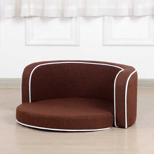 30" Brown Round Pet Sofa, Dog sofa, Dog bed, Cat Bed, Cat Sofa, with Wooden Structure and Linen Goods White Roller Lines on the Edges Curved Appearance pet Sofa with Cushion