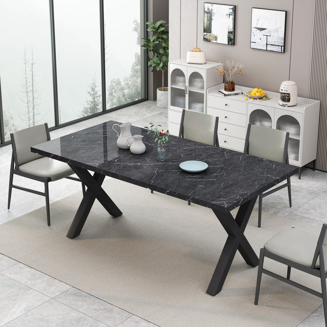 70.87"Modern Square Dining Table with Printed Black Marble Table Top+Black X-Shape Table Leg