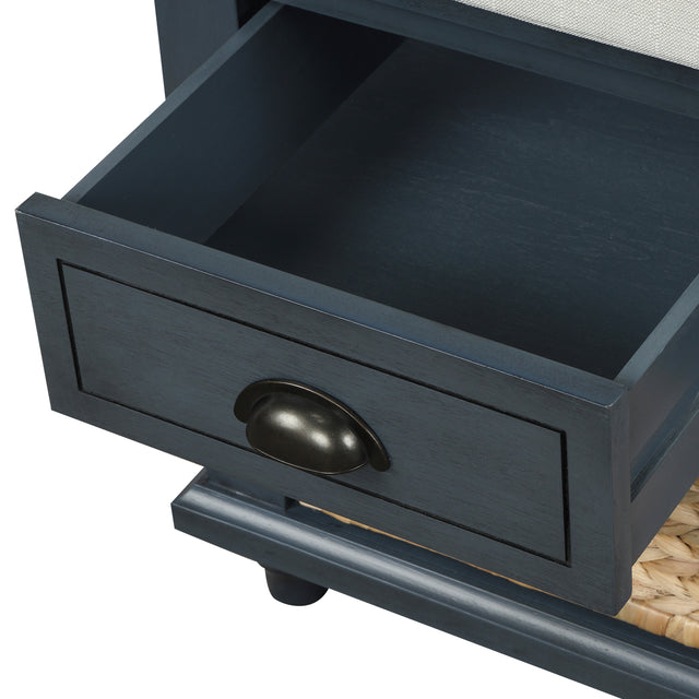 TREXM Rustic Storage Bench with 3 Drawers and 3 Rattan Baskets, Shoe Bench for Living Room, Entryway (Antique Navy)