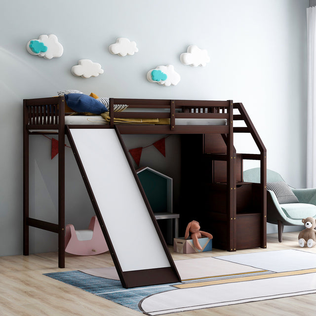 Twin Size Loft Bed with Storage and Slide, Espresso