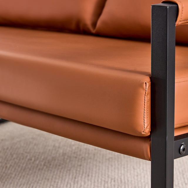 Modern Two-Seater Sofa Chair with 2 Pillows - PU Leather, High-Density Foam, Black Coated Metal Frame.Brown