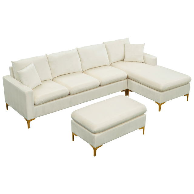 【EAT 3.10】110.6" Sectional Sofa with Ottoman, L-Shape Elegant Velvet Upholstered Couch with 2 Pillows for Living Room Apartment,Cream White