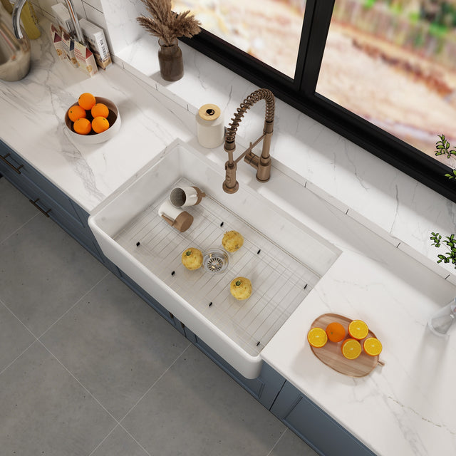 Fireclay Farmhouse Kitchen Sink 36 inch Single Bowl Apron Sink with Bottom Grid in & Drain , White Color