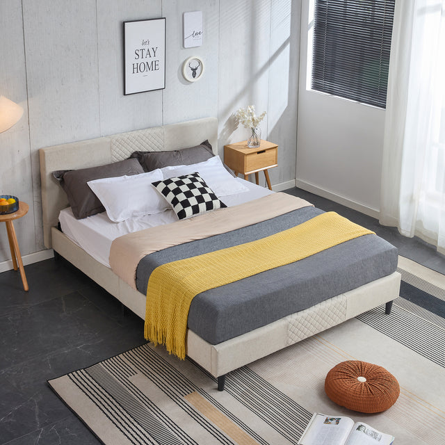 Full Size Platform Bed Frame with Fabric Upholstered Headboard and Wooden Slats Support, Fully Upholstered Mattress Foundation/No Box Spring Needed/Easy Assembly, Beige