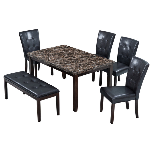 6-piece Faux Marble Dining Table Set with one Faux Marble Dining Table ,4 Chairs and 1 Bench, Table: 60”x38”x 30”,Chair: 20.2”x28.5”x39”, Black