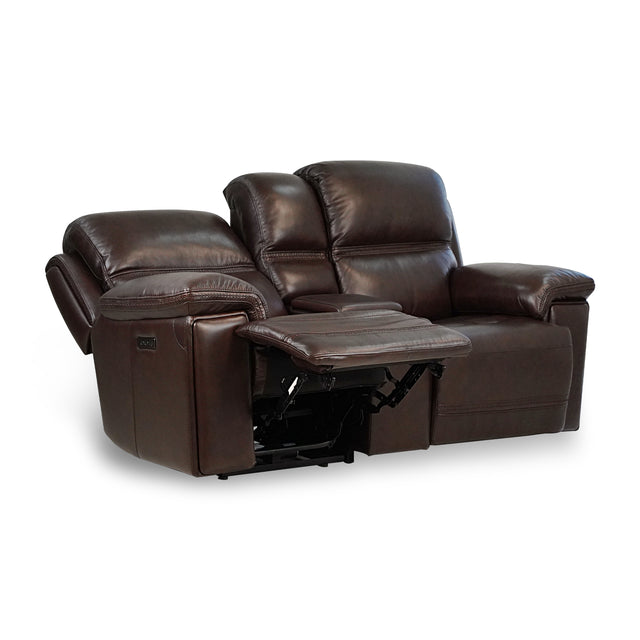 Timo Top Grain Leather Power Reclining Loveseat With Console | Adjustable Headrest | Storage | Steel Cup Holders | Cross Stitching