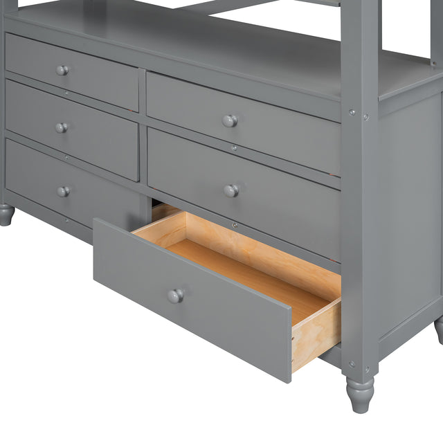 Full size Loft Bed with Drawers and Desk, Wooden Loft Bed with Shelves - Gray(OLD SKU:LT000529AAE)