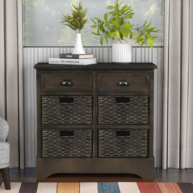 TREXM Rustic Storage Cabinet with Two Drawers and Four Classic Rattan Basket for Dining Room/Living Room (Brown Gray)
