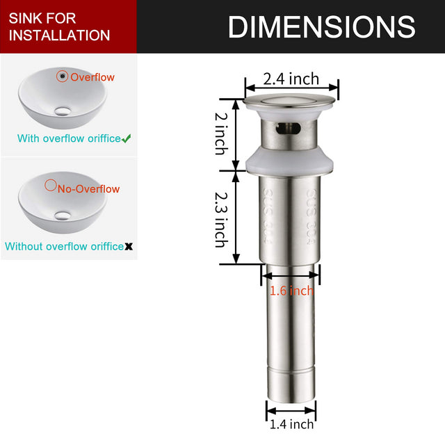 Sink Drain Stopper Bathroom 1.75 In, Pop-Up Drain Stainless Steel With Overflow Anti-Clogging for Vessel Sink Lavatory Vanity Sink Drain with Strainer Basket, Brushed Nickel.