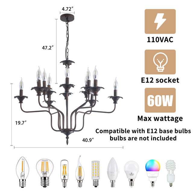 Retro American style stamen-shaped iron chandelier -12 bulbs -E12 lamp holder