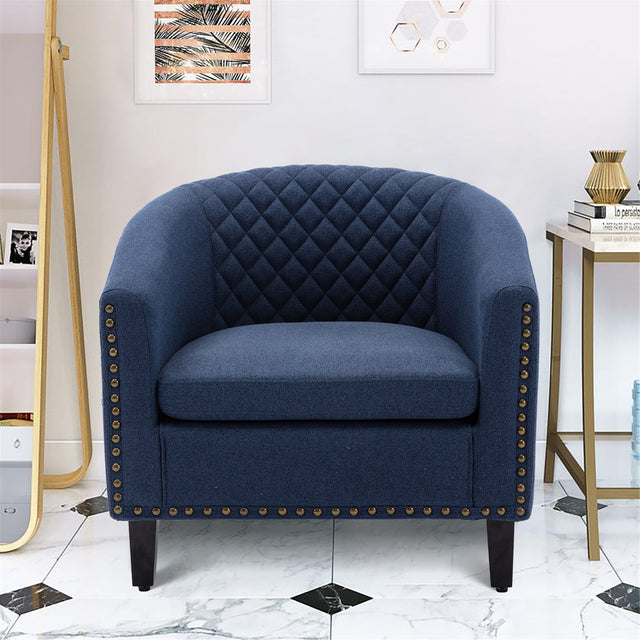 COOLMORE accent Barrel chair living room chair with nailheads and solid wood legs Black Navy Linen