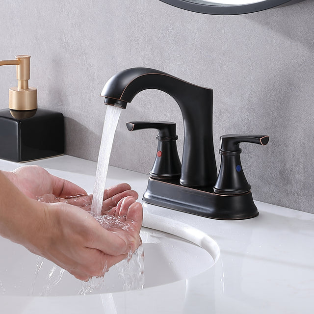Oil Rubbed Bronze Vanity Sink Faucet,2 Handles 2 Holes 4 Inch Centerset Modern Bath Lavatory Sinks Faucets Set with Hose