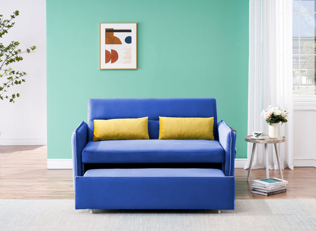 2120 Sofa Pull Out Bed Included Two Pillows 54" Blue Velvet Sofa for Small Spaces