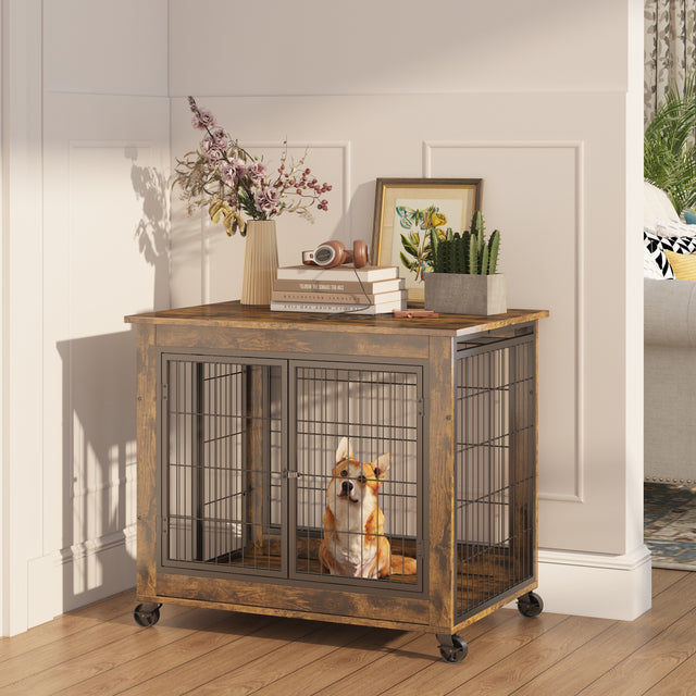 JHX Furniture Dog Cage Crate with Double Doors on Casters(Rustic Brown,31.50''W*22.05''D*24.8''H)