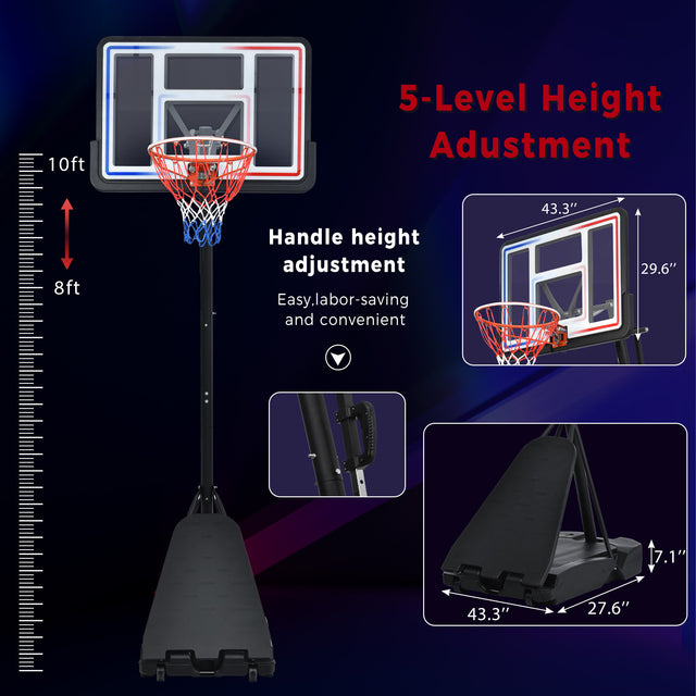 Portable Basketball Hoop Basketball System 8-10ft Height Adjustable for Youth Adults LED Basketball Hoop Lights, Colorful lights, Waterproof,Super Bright to Play at Night Outdoors,Good Gift for Kids