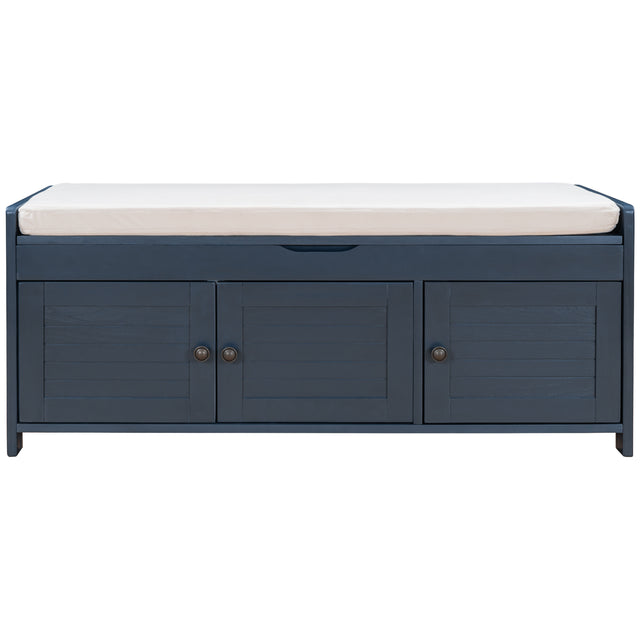 TREXM Storage Bench with 3 Shutter-shaped Doors, Shoe Bench with Removable Cushion and Hidden Storage Space (Antique Navy)