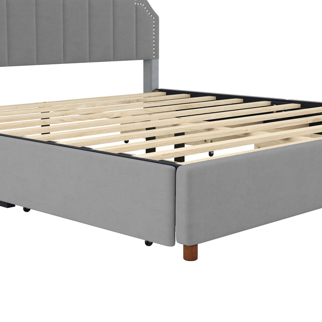 King Size Upholstery Platform Bed with Four Storage Drawers,Support Legs,Grey