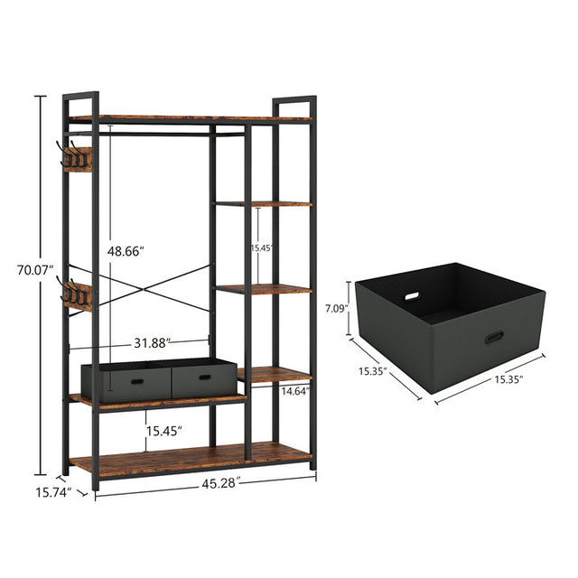 JHX Organized Garment Rack with Storage, Free-Standing Closet System with Open Shelves and Hanging Rod(Rustic Brown,45.3’’w x 15.75’’d x 70.08’’h).