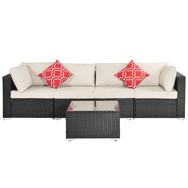 Outdoor Garden Patio Furniture 5-Piece PE Rattan Wicker Cushioned Sofa Sets with 2 Pillows and Coffee Table, outdoor couch;outdoor sectional;porch furniture;patio couch;outdoor sofa;patio furniture se