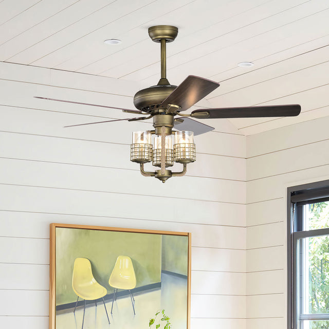 52inch Bronze Metal 3 Lights Ceiling Fan with 5 Wood Blades, Two-color fan blade, AC Motor, Remote Control, Reversible Airflow, Multi-Speed, Adjustable Height, Traditional Ceiling Fan