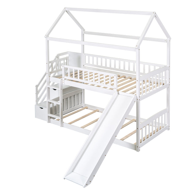 Twin Over Twin Bunk Bed with Drawers and Slide, House Bed with Slide,White(OLD SKU :LT000215AAK)