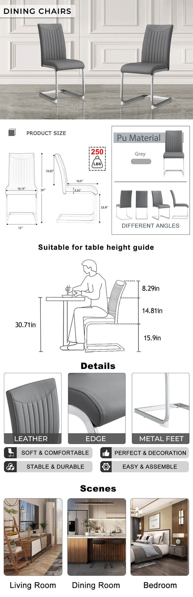 Modern Dining Plating leg Dining chair Chair, PU Leather High Back Cushion Side Chair with Vertical stripe backrest pattern for Dining Room Kitchen Vanity Patio Office Chair (Set of 2) (Grey+PU)