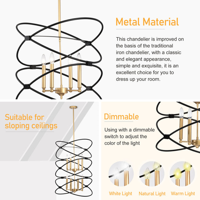 【Video】Transitional Gold/Matte Black Metal Chandelier Fixture,8 lights ,2-Tier-Candle Ceiling Light for Living Room, Bedroom, Dining Room,Dimmable,E12,W23.6*H55