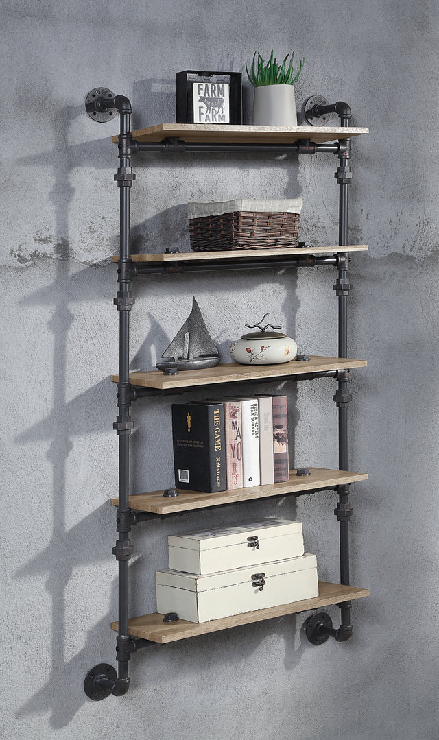 ACME Brantley Wall Rack w/5 Shelves in Oak & Sandy Black Finish AC00738