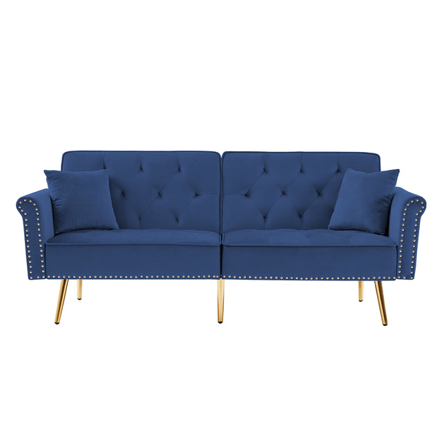 Modern Velvet Tufted Sofa Couch with 2 Pillows and Nailhead Trim, Loveseat Sofa Futon Sofa Bed with Metal Legs for Living Room.
